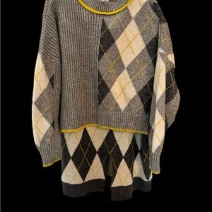 Chic Argyle Knit Dress in Gray and Yellow